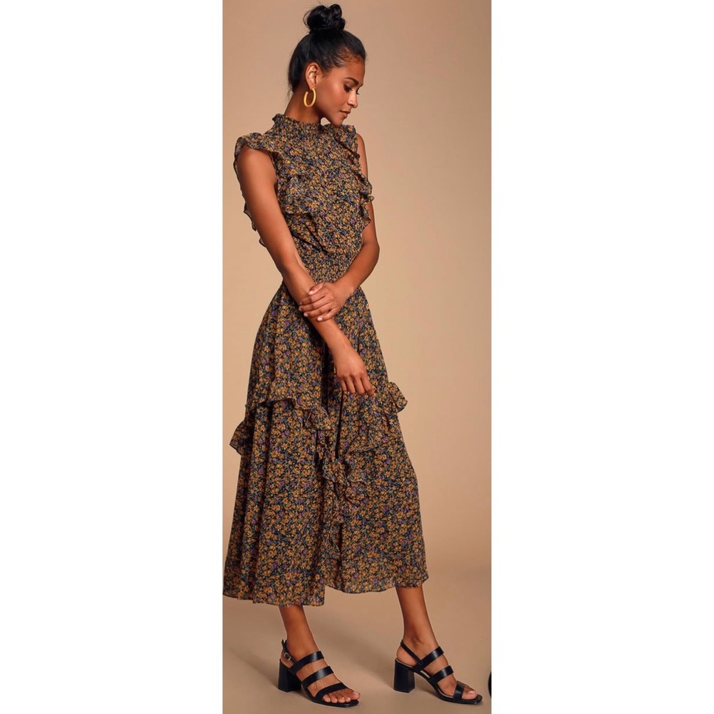 Lulus Evalina Mustard Yellow Floral Print Midi Dress Size XS